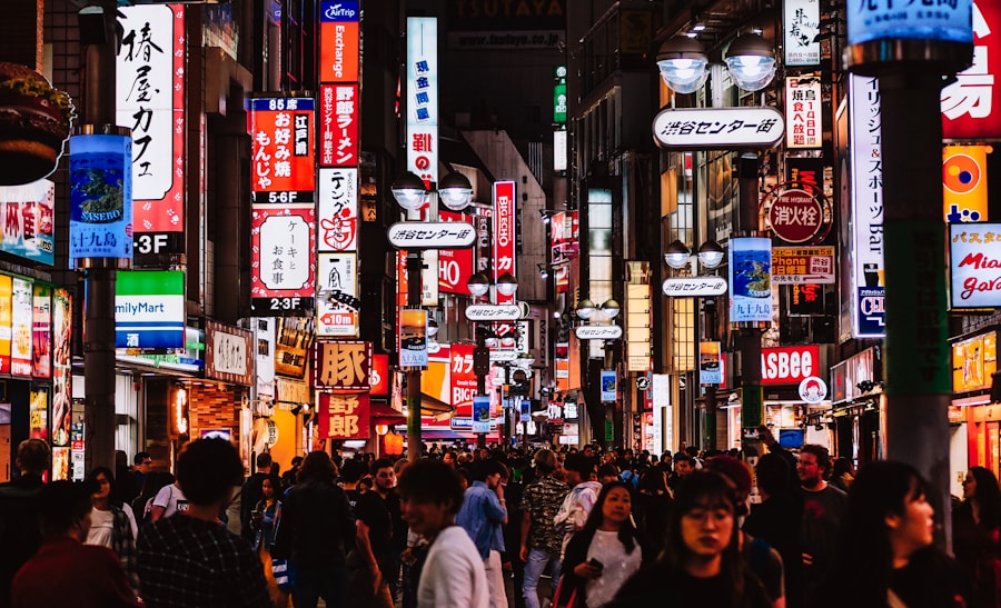 A lively local street in the evening