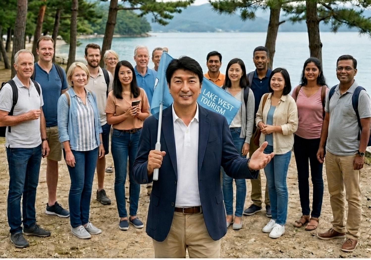 Naoyuki Kishimoto with a small group of international travellers and a Lake West Tourism flag, beside the lake