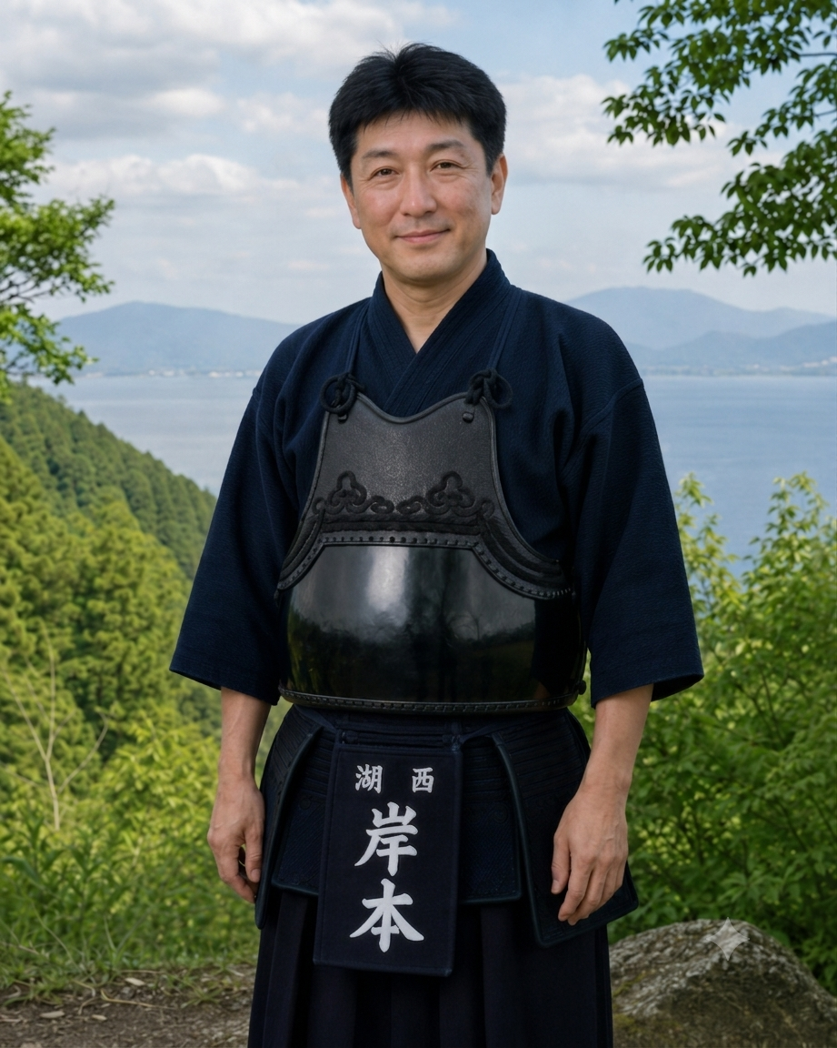 Naoyuki Kishimoto, founder of Lake West Tourism, in kendo armour beside Lake Biwa