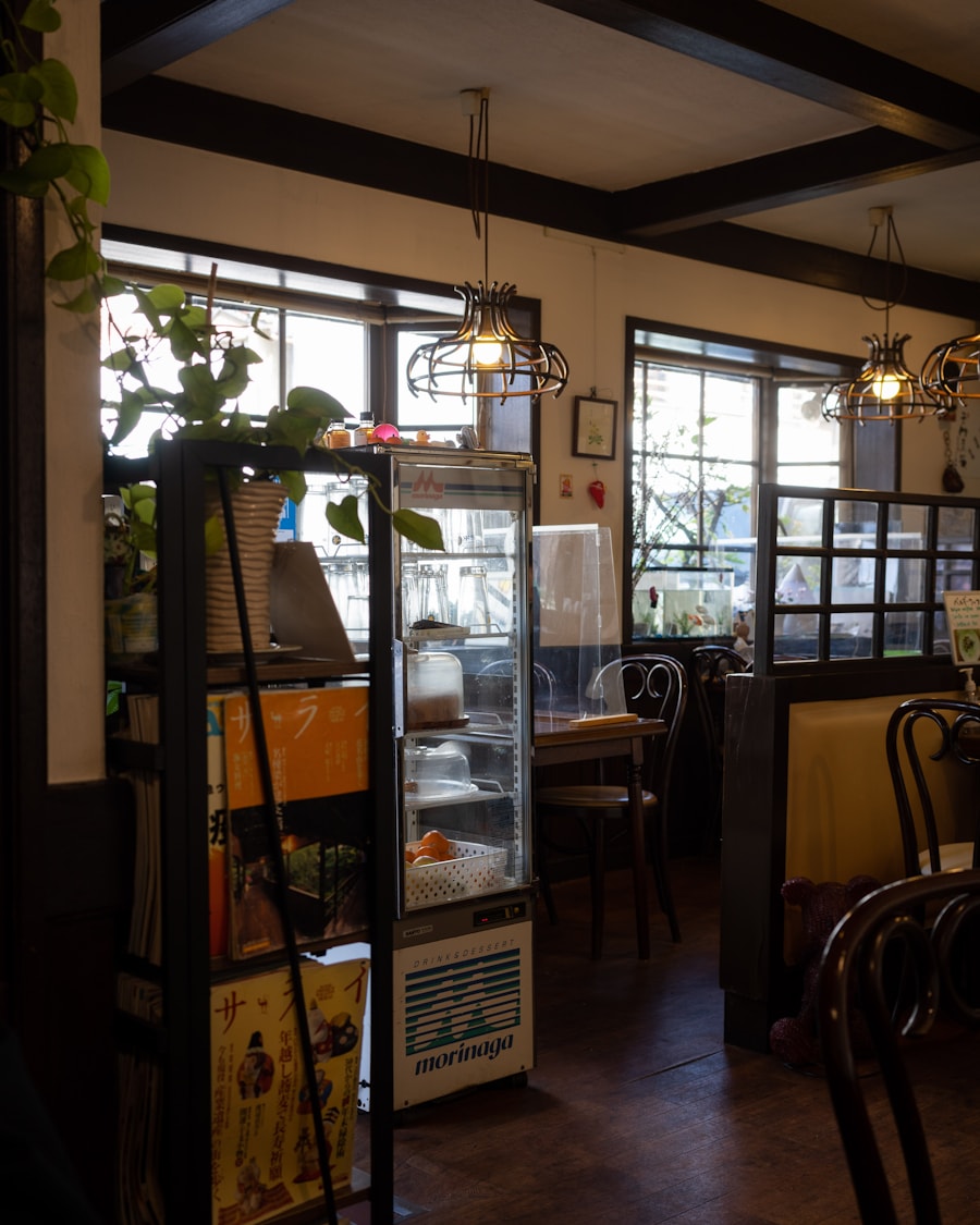 Warm, lamp-lit Showa-era café interior
